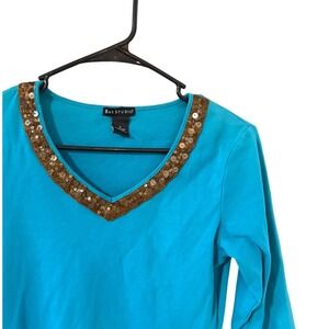 Bay Studio Y2k Womens Turquoise Blue 100% Pima Cotton Sequin Fairy 3/4 Sl Top S